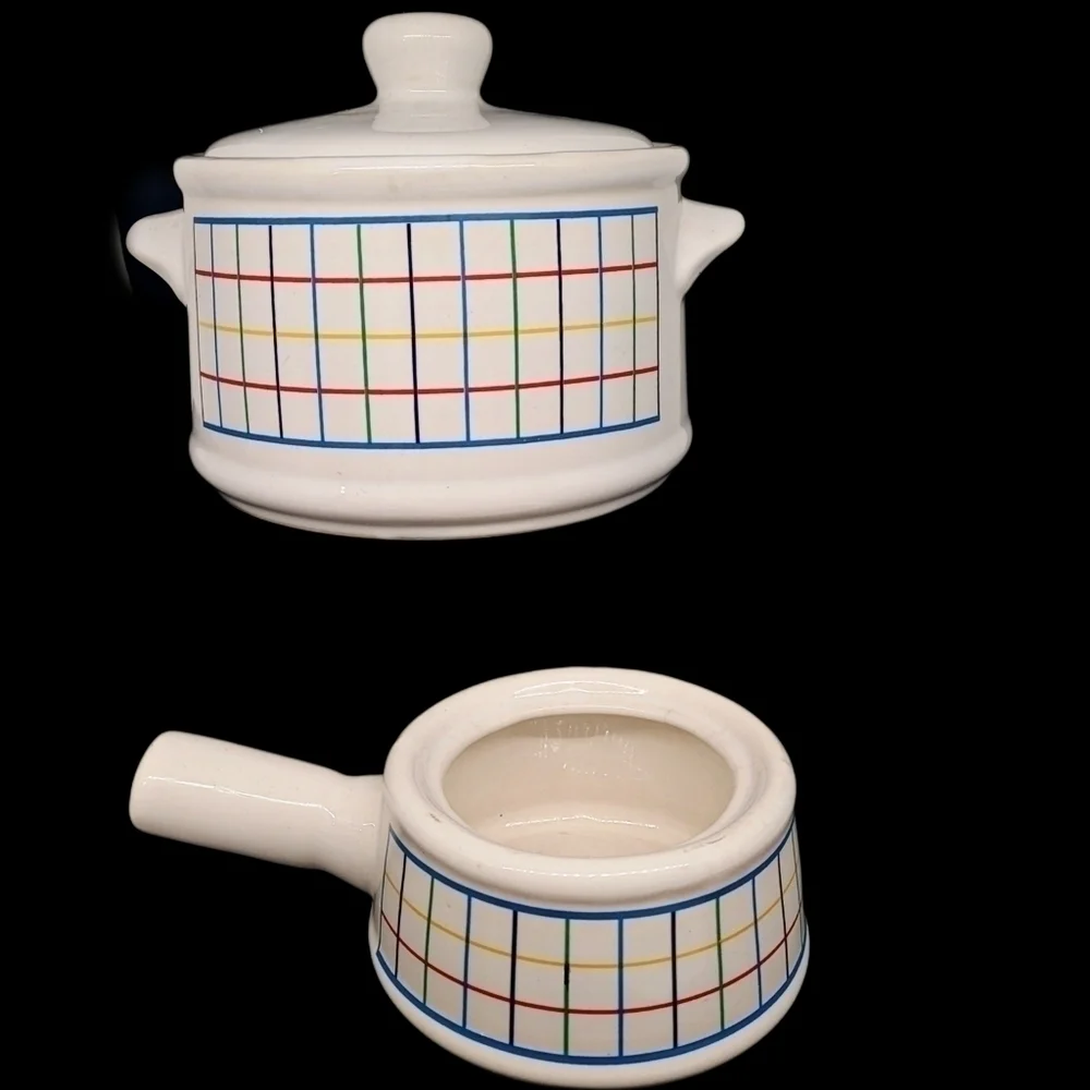 1980's/90's Mardi Gras pattern stoneware? cooking pot & French onion soup bowl